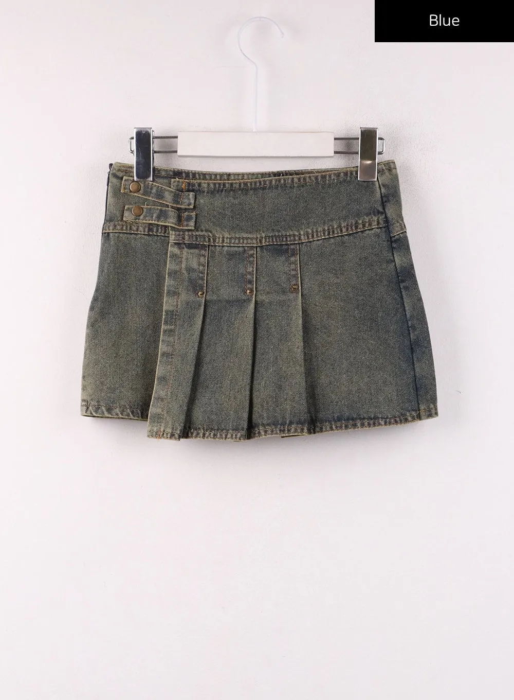 Unbalanced Denim Pleated Mini Skirt IJ430