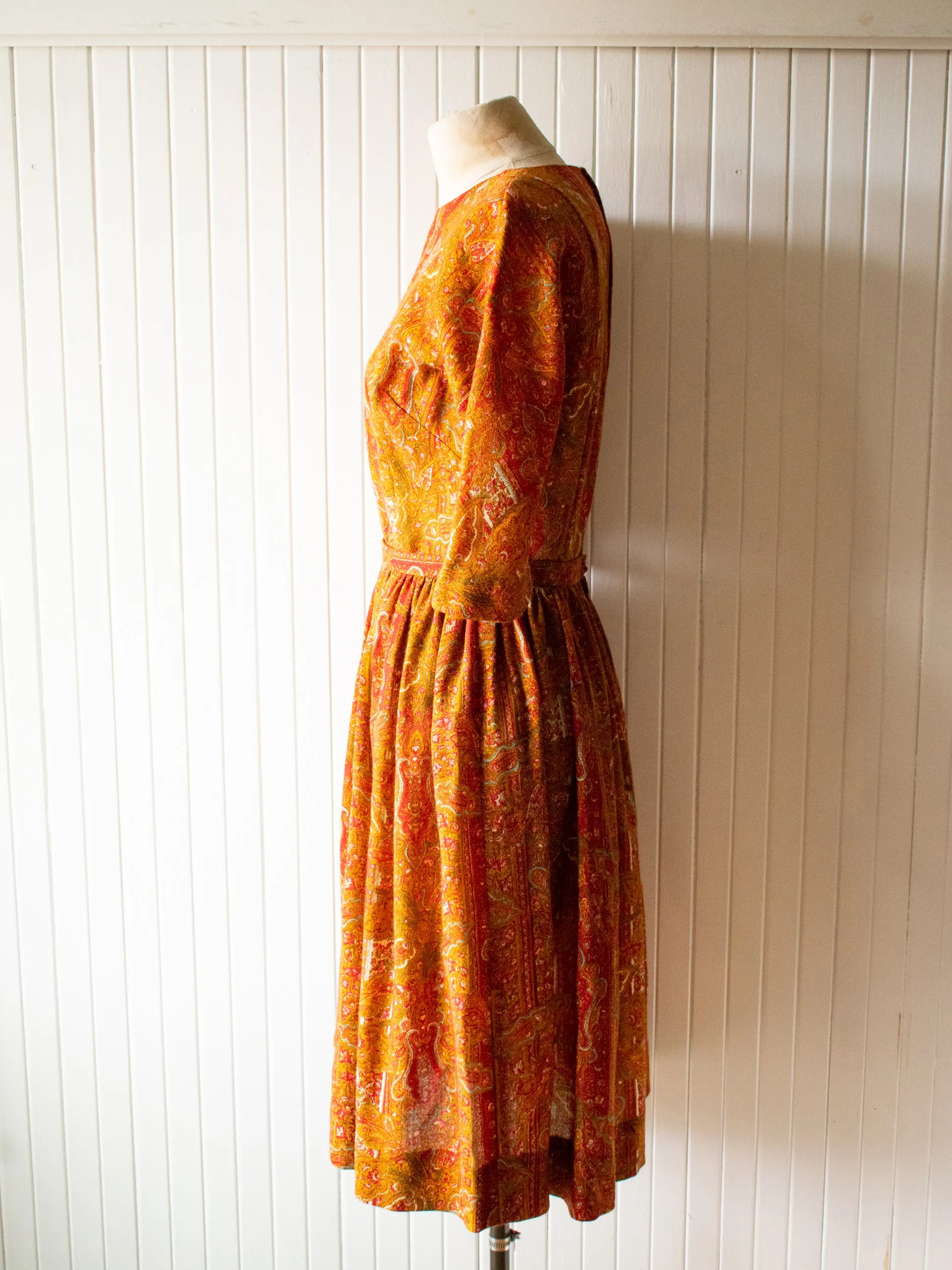 Vintage 1960s Burnt Orange Paisley Sheath Dress Small