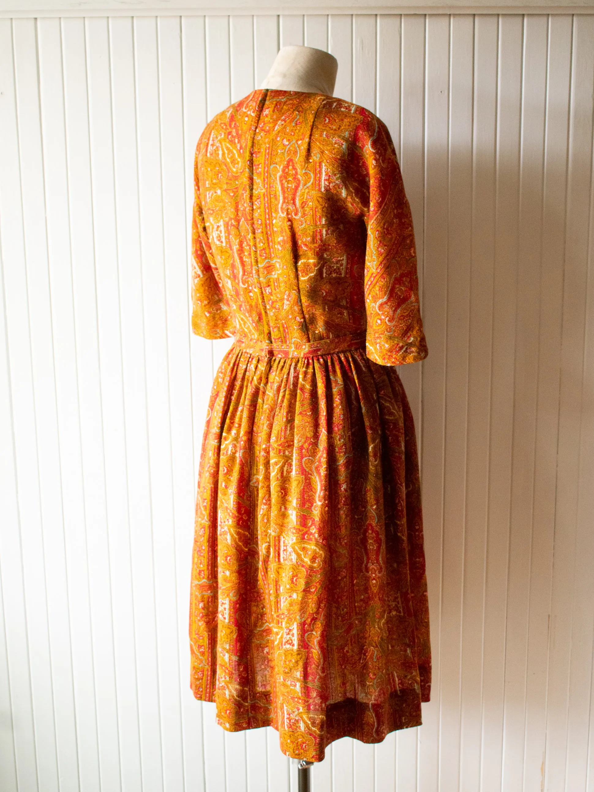 Vintage 1960s Burnt Orange Paisley Sheath Dress Small