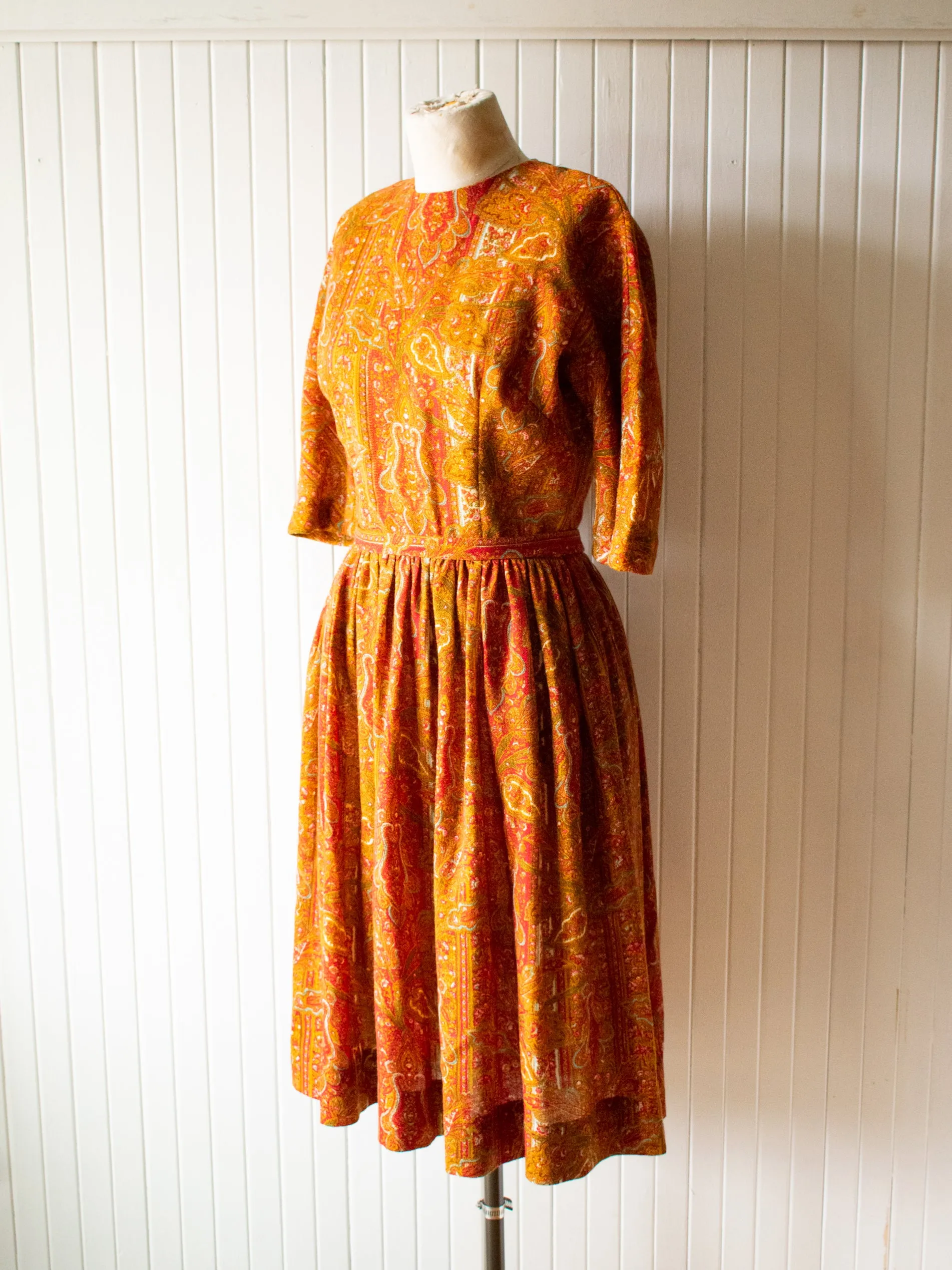 Vintage 1960s Burnt Orange Paisley Sheath Dress Small