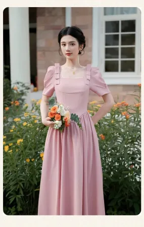 Vintage Elegant Square Neck Bow Decoration A Line Midi Long Dress M B-60510