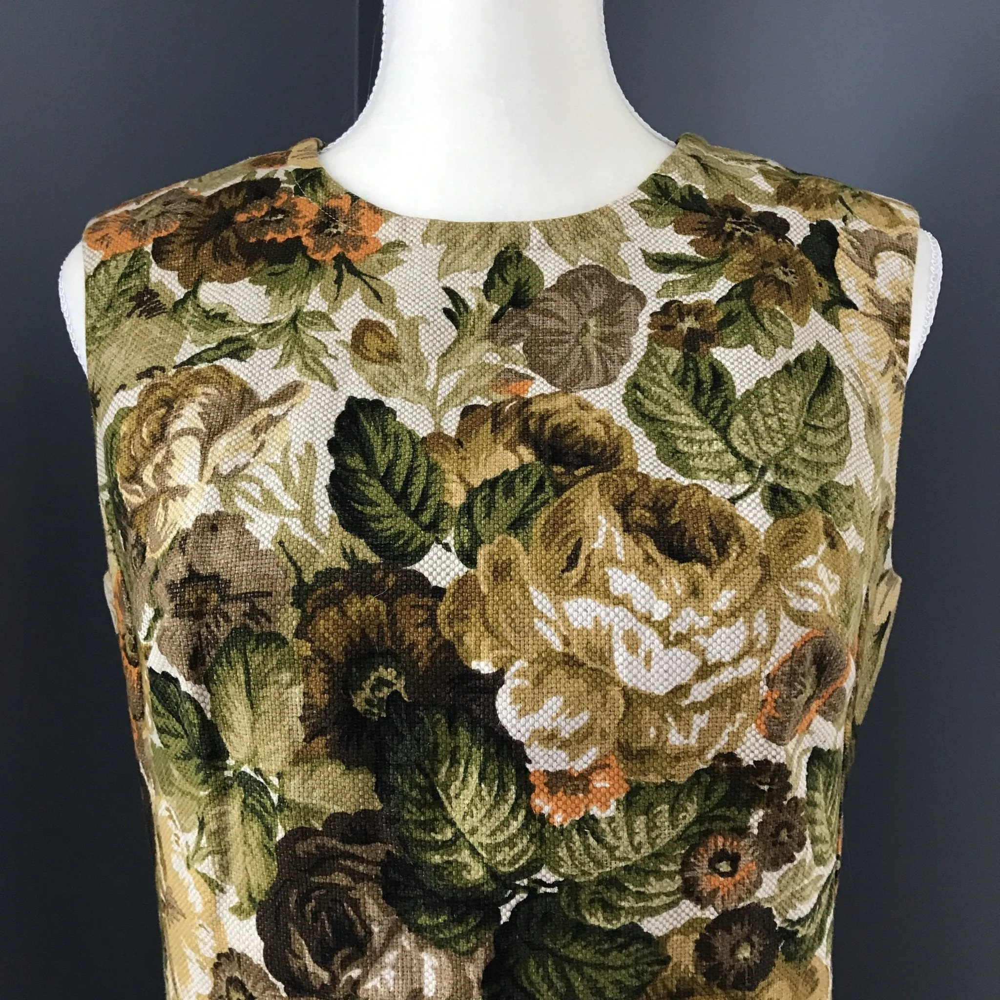 Vintage Floral Dress by Edith Flagg. Jacquard Sheath Dress. Flowers in Green, Cream, Orange, Brown.