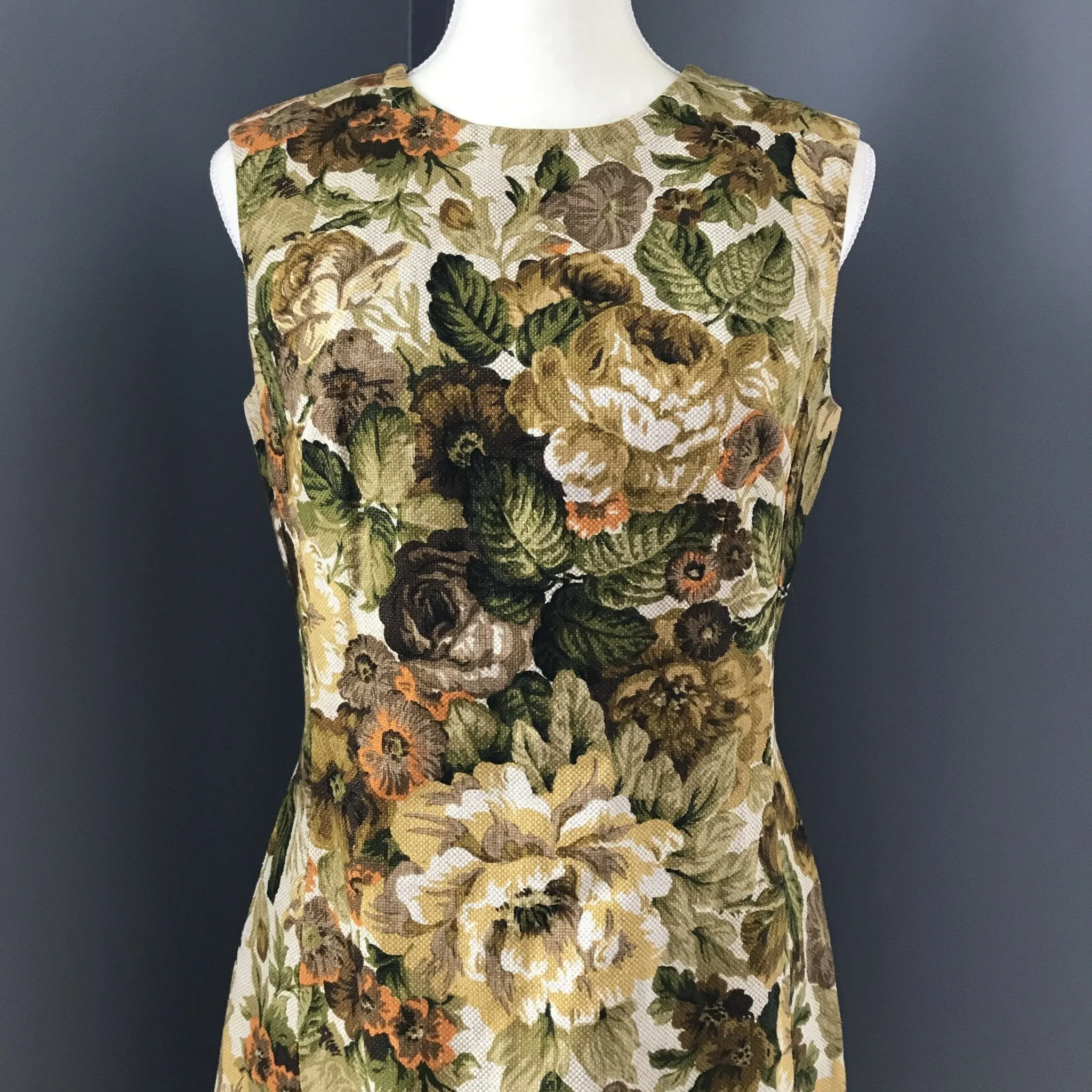 Vintage Floral Dress by Edith Flagg. Jacquard Sheath Dress. Flowers in Green, Cream, Orange, Brown.