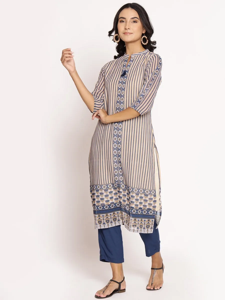 Women Beige Navy Stripe Printed Kurta