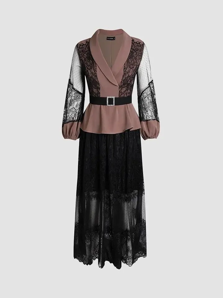 Women's Fashion Lace skirt and belt set, puff sleeves S4926833